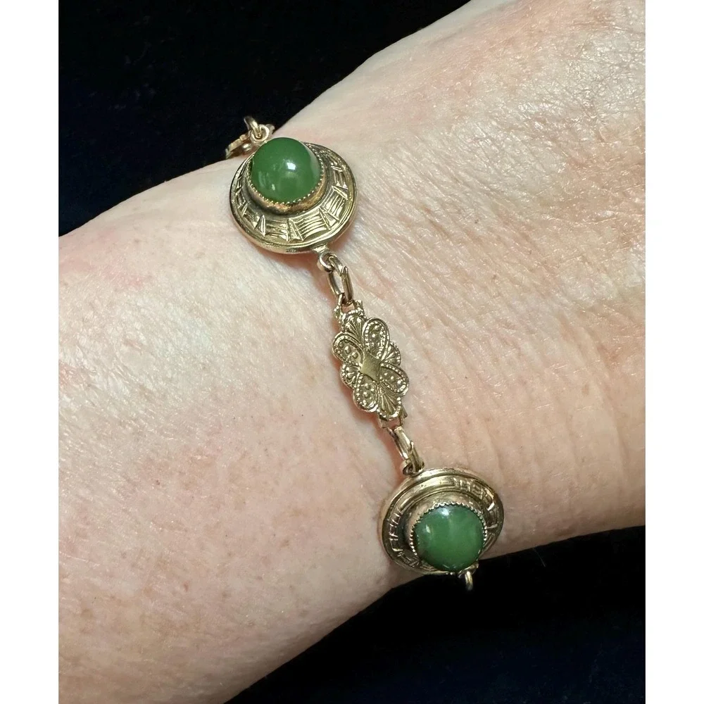 Vintage Sentiment 14k GF & Jade Bracelet 7.25